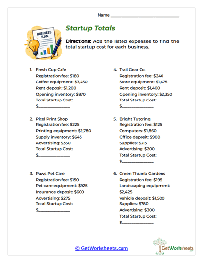 Startup Cost Builder Worksheet
