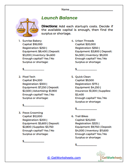 Startup Capital Check Worksheet