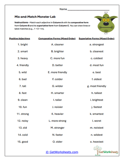 Monster Lab Match-Up Worksheet