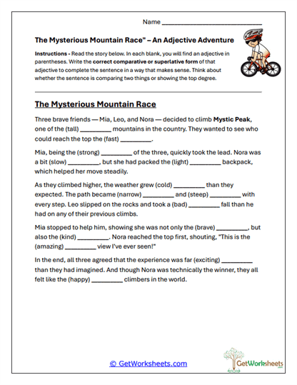 Adjective Adventure Story Worksheet