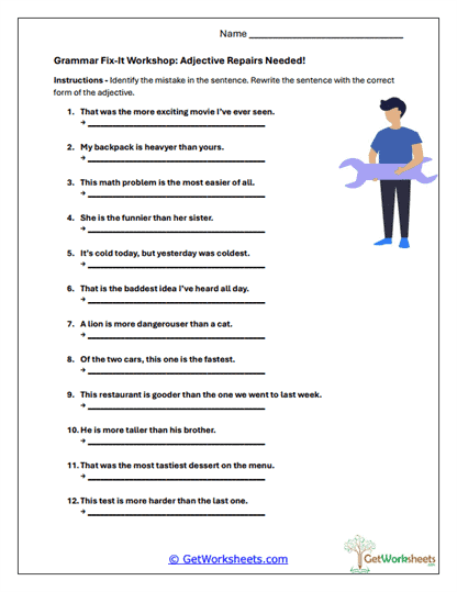 Adjective Fix-It Workshop Worksheet