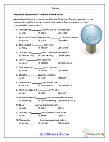 Adjective Showdown Game Worksheet