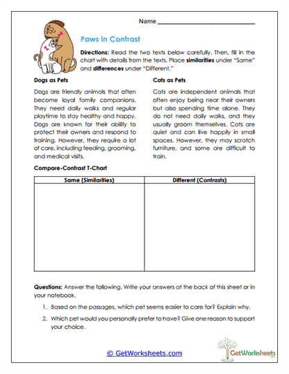 Paws in Contrast Worksheet