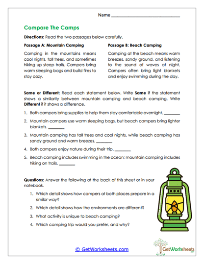 Compare the Camps Worksheet