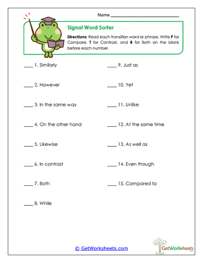 Transition Word Sorting Worksheet
