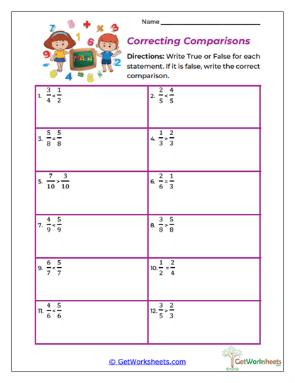 Correcting Comparisons Worksheet
