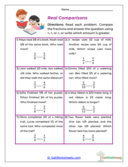 Real Comparisons Worksheet