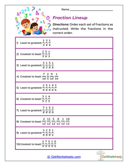 Fraction Lineup Worksheet
