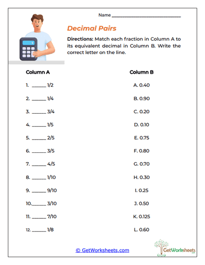 Decimal Pairs Worksheet