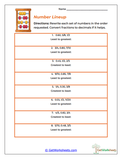 Number Lineup Worksheet