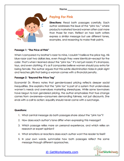 Paying for Pink Worksheet