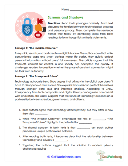 Screens and Shadows Worksheet