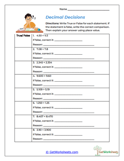 Decimal Decisions Worksheet