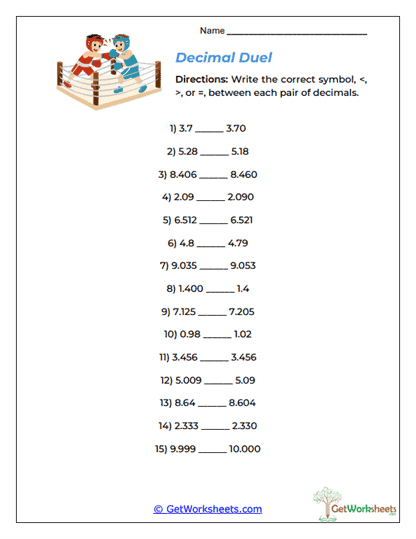 Decimal Duel Worksheet