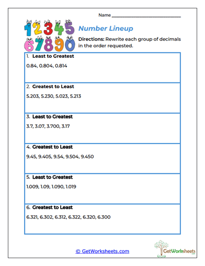 Number Lineup Worksheet