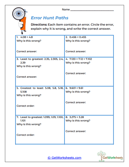 Error Hunt Paths Worksheet