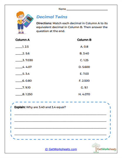 Decimal Twins Worksheet