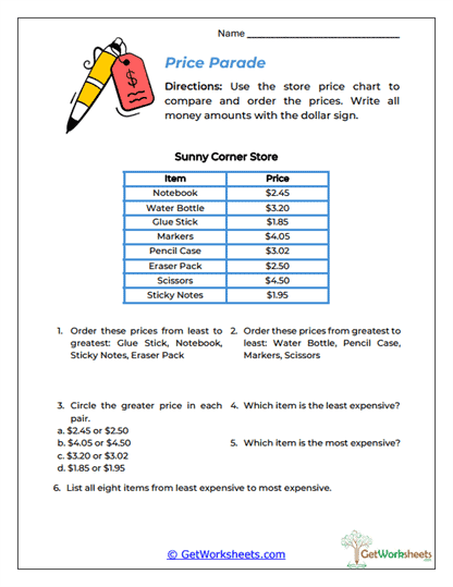 Price Parade Worksheet