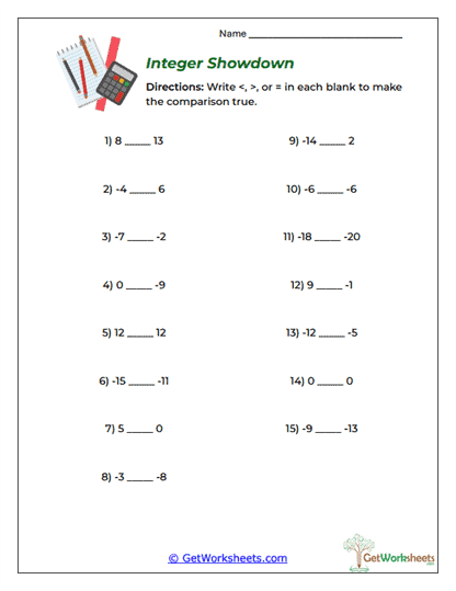 Integer Showdown Worksheet