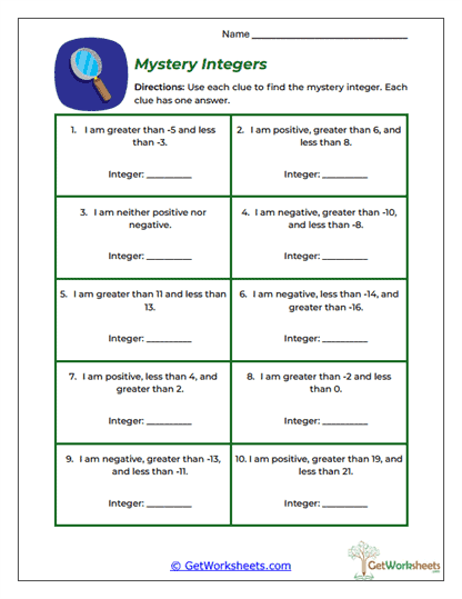 Mystery Integers Worksheet
