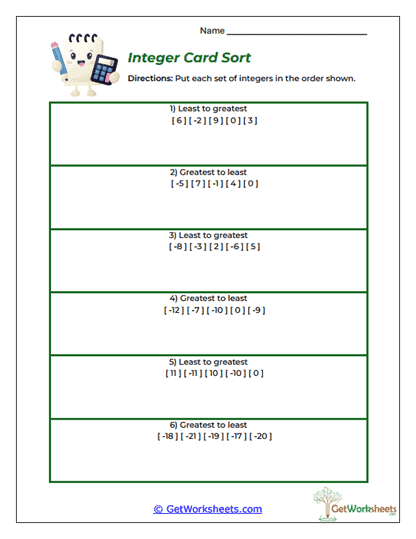 Integer Card Sort Worksheet