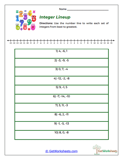 Integer Lineup Worksheet
