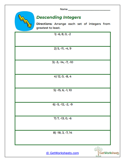 Descending Integers Worksheet