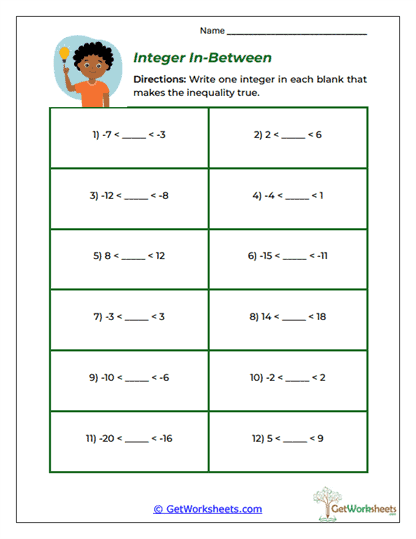 Integer In-Between Worksheet