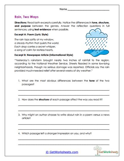 Genre and Tone Contrast Worksheet