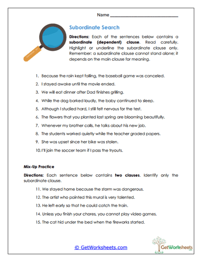 Subordinate Search Worksheet