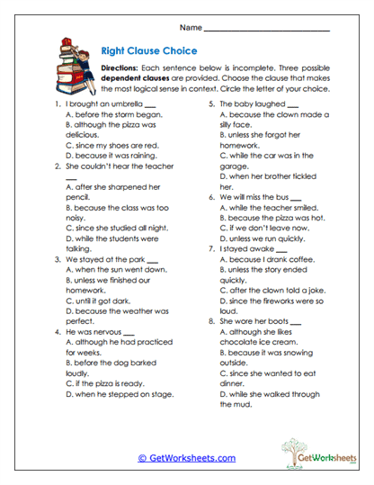 Right Clause Choice Worksheet