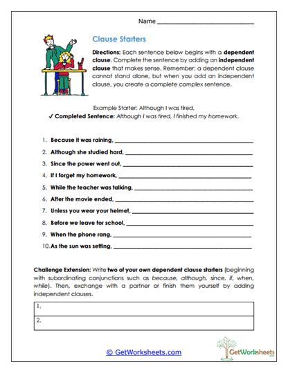 Clause Starters Worksheet