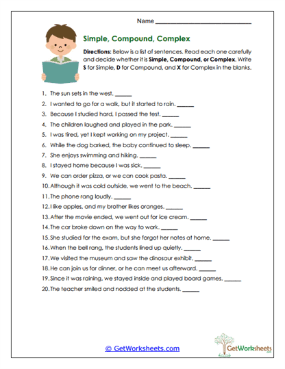 Simple, Compound, Complex Worksheet