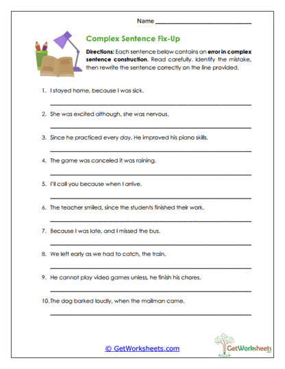 Complex Sentence Fix-Up Worksheet