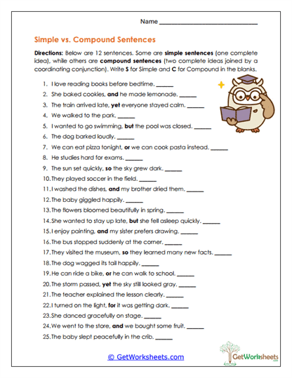 Simple vs. Compound Sentences Worksheet