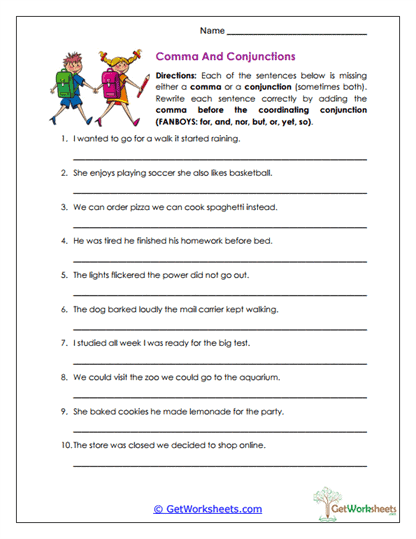 Comma and Conjunctions Worksheet
