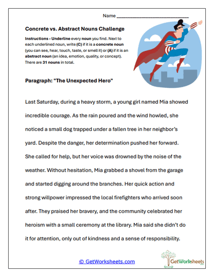 Concrete vs. Abstract Noun Worksheets