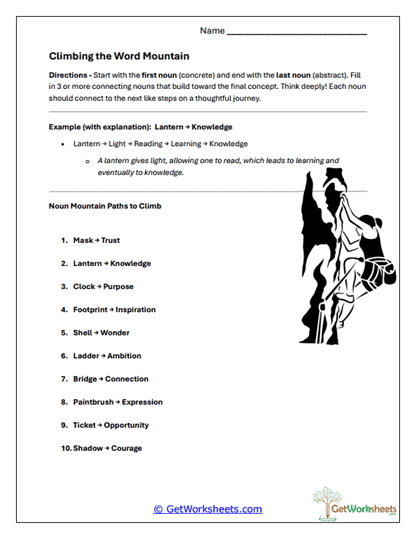 Word Mountain Nouns Worksheet