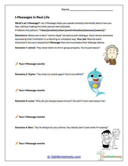 I-Messages in Real Life Worksheet