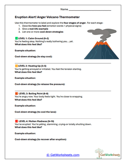 Anger Volcano Thermometer Worksheet