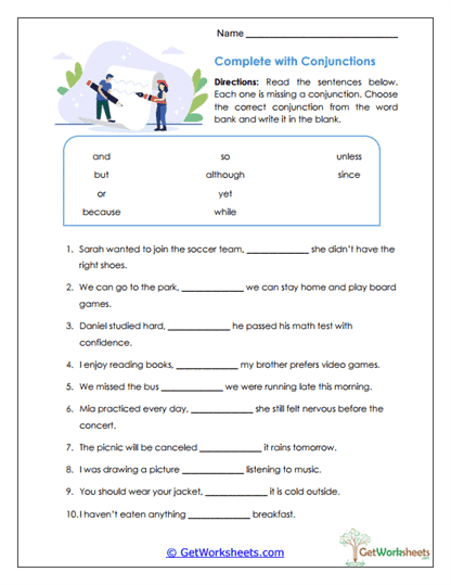 Complete with Conjunctions Worksheet