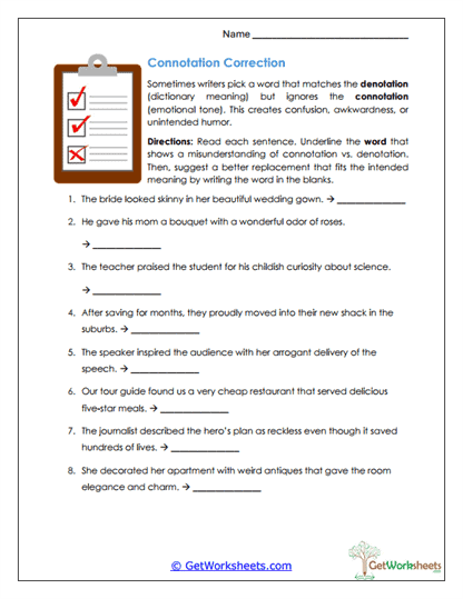 Connotation Correction Worksheet