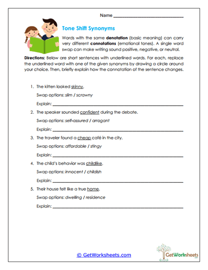 Tone Shift Synonyms Worksheet