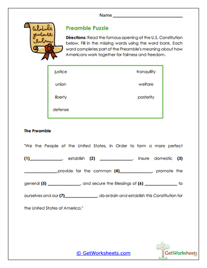 Preamble Puzzle Worksheet