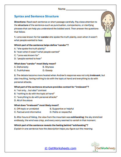 Syntax and Structure Clues Worksheet