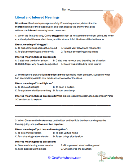 Literal and Inferred Meanings Worksheet