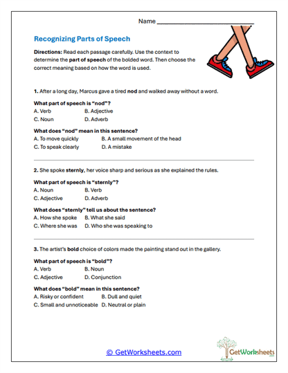 Recognizing Parts of Speech Worksheet