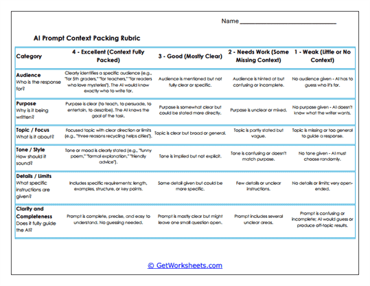 Context Packing Rubric Worksheet