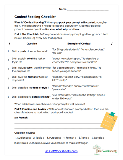 Context Packing Checklist Worksheet