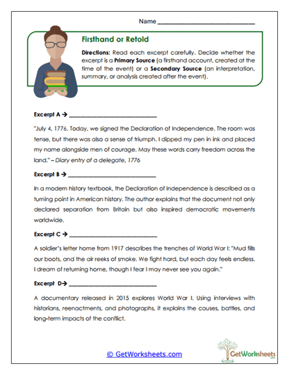 Primary vs. Secondary Sources Worksheet
